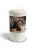 Handmade satin white dog urn with image, personalisable
