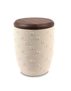 Cremation urn for ashes 'Flowers' cream with walnut lid