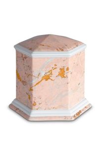 Porcelain cremation urn for ashes 'Esagono' | Pink marble motif