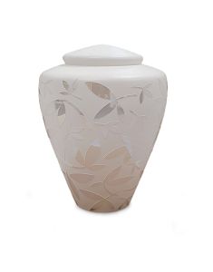 Glass cremation ashes urn 'Leaves' white