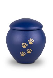 Blue pet urn with gold coloured paws