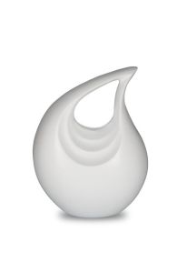 Small white teardrop cremation urn for ashes