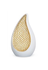 Teardrop cremation urn for ashes made of limewood - white and gold-coloured