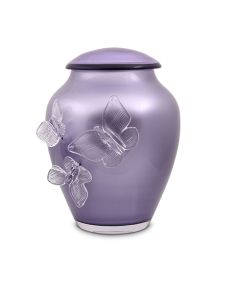 Purple crystal glass cremation urn with butterflies