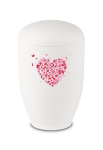 Metal cremation urn for ashes with heart, butterflies and flowers