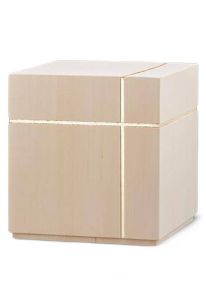 Wooden Urn for Ashes 'Cube' natural lime with golden cross | SALE