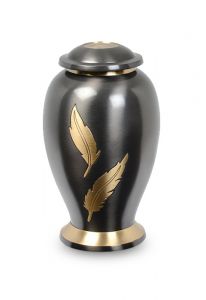 Grey cremation urn for ashes with feather design