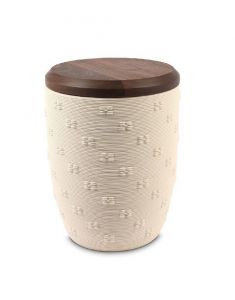 Cremation urn for ashes 'Flowers' cream with walnut lid