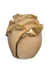 Rose cremation urn for ashes made of limewood with gold-coloured accents