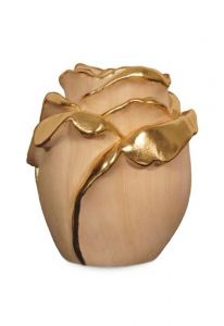 Rose cremation urn for ashes made of pinewood with gold-coloured accents