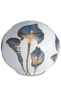 Porcelain urn for ashes 'Sfera' - Sapphire blue calla with gold-colored accents