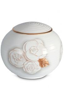 Porcelain urn for ashes 'Sfera' - Stylish roses with copper & gold