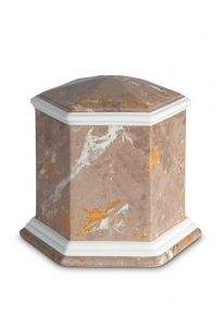 Porcelain cremation urn for ashes 'Esagono' | Brown marble motif
