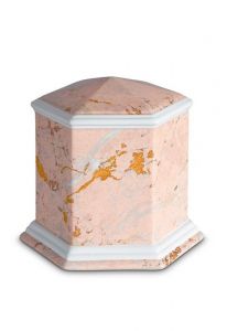 Porcelain cremation urn for ashes 'Esagono' | Pink marble motif