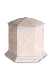 Porcelain cremation urn for ashes 'Esagono' | Coral pink relief