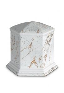 Porcelain cremation urn for ashes 'Esagono' | Carrara marble with gold-colored veins