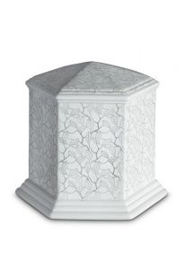 Porcelain cremation urn for ashes 'Esagono' | Matte platinum-colored leaves