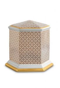 Porcelain cremation urn for ashes 'Esagono' | Four-leaf clovers with double gold-colored edges