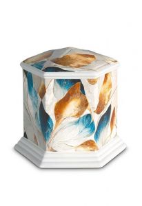 Porcelain cremation urn for ashes 'Esagono' | Multicolor with natural structure