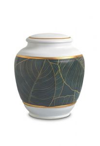 Mini cremation urn for ashes of porcelain 'Classica' | Green leaves with gold-colored edges