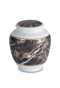 Mini cremation urn for ashes of porcelain 'Classica' | Black marble motif with gold-colored edges