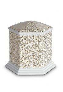 Mini cremation urn for ashes of porcelain 'Esagono' | Pure Gold leaves