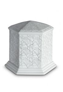 Mini cremation urn for ashes of porcelain 'Esagono' | Matte platinum-colored leaves