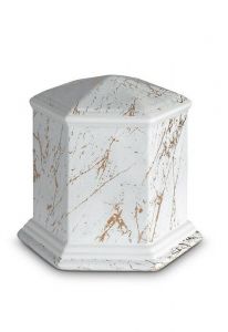Mini cremation urn for ashes of porcelain 'Esagono' | Carrara marble with gold-colored veins motif