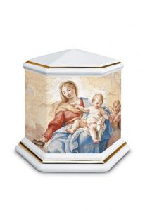 Porcelain cremation urn for ashes 'Esagono' | Our Lady with Child - gold-colored edges
