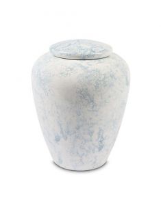 Light blue ceramic cremation urn for ashes with marble look