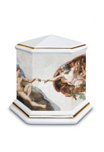 Porcelain cremation urn for ashes 'Esagono' | The Last Judgment with gold-colored edges