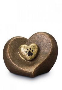 Heart shaped pet cremation ashes urn with pawprint