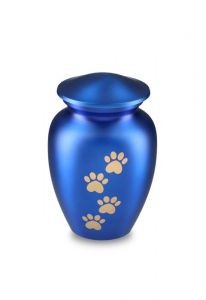 pet urn for ashes matte blue with gold-coloured paw prints in various sizes