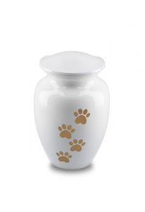 pet urn for ashes white with gold-coloured paw prints in various sizes