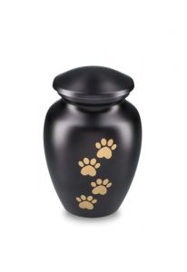 pet urn for ashes matte black with gold-coloured paw prints in various sizes