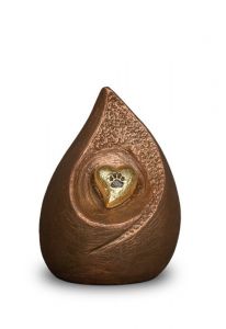 Teardrop-shaped pet urn with heart and paw print