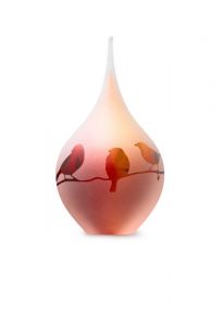 Frosted teardrop shaped glass mini urn 'Birds' in several colours