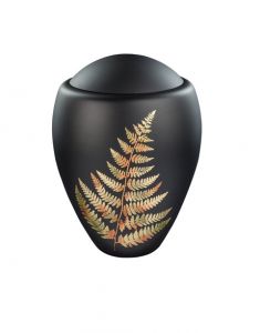Glass cremation urn for ashes 'Golden fern' matt black