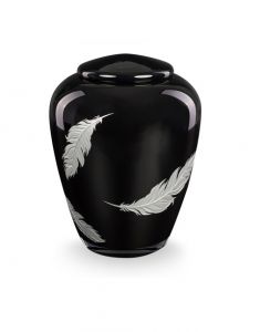 Glass cremation ashes urn 'Silver feathers' black