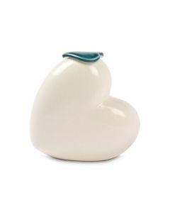 Mini cremation urn for ashes 'Forever in our hearts' with blue heart-shaped lid