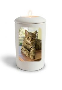 Handmade satin white cat urn with image, personalisable