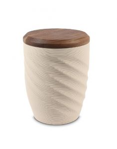 Cremation urn for ashes 'Twist' beige with walnut lid