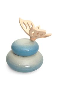 Blue handmade infant cremation urn with wooden butterfly