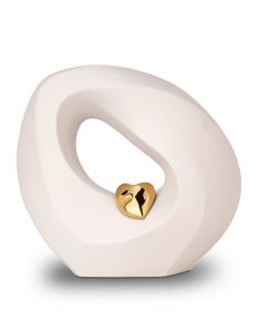 Matte white ceramic cremation urn with gold heart 'Infinity'