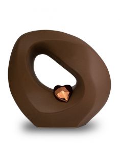 Mahogany brown ceramic cremation urn with bronze heart 'Infinity'