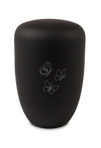 Black metal cremation urn for ashes with three butterflies