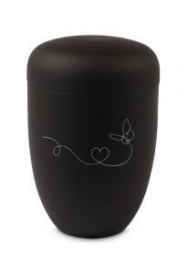 Black metal cremation urn for ashes – Heartline with butterfly