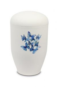 Metal cremation urn for ashes with blue butterflies