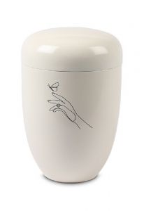 Metal cremation urn for ashes white - Line hand with butterfly