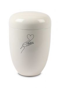 Metal cremation urn for ashes white - Line hand with heart